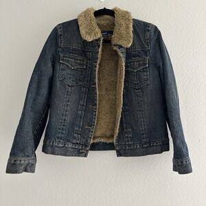 Gap Denim Trucker Jacket Womens Small‎ Blue Sherpa Lined Faux Fur Collar Trucker